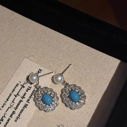 Elegant Oval Zirconia Blue Turquoise Pearl Earrings